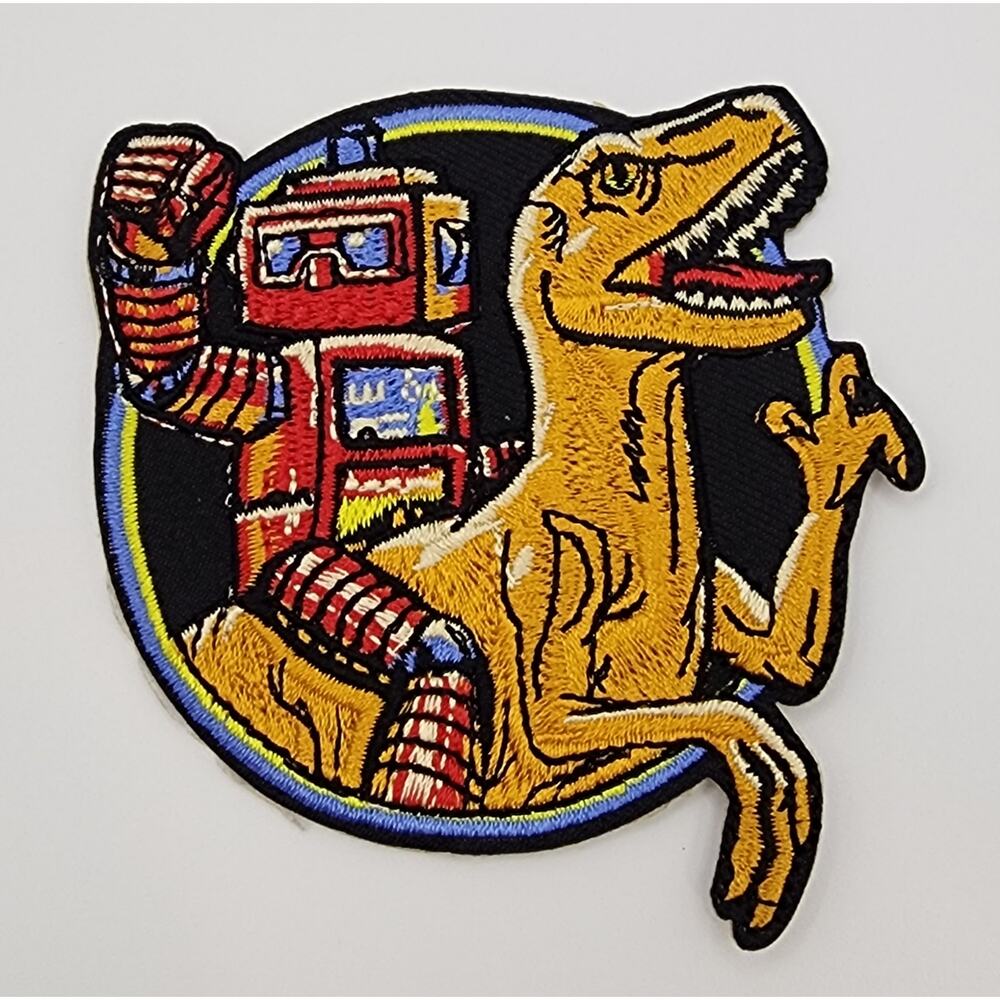Robot Riding a Dinosaur Embroidered Patch Iron on or Sew on